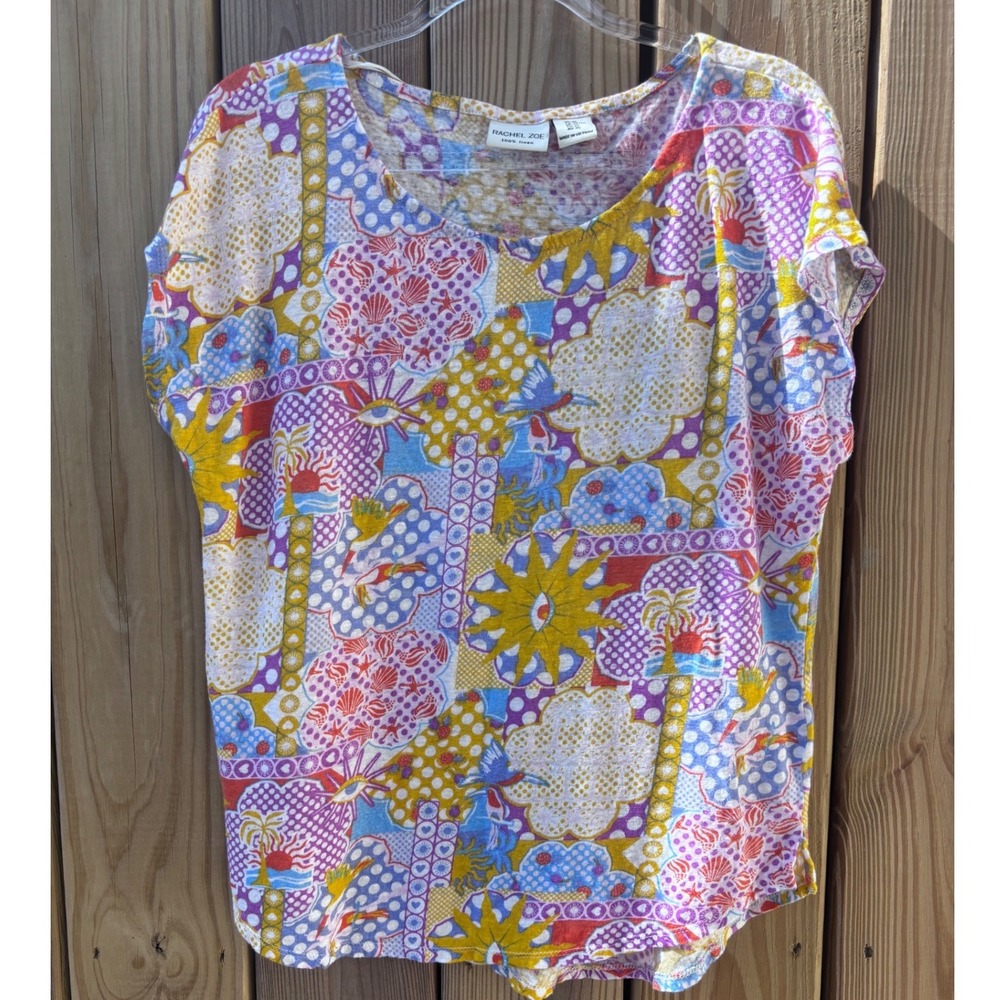 Rachel Zoe Women XL 100% Linen Top Celestial Sun Tropical Print Short Sleeve Tee